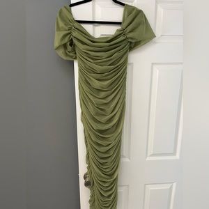 MIDI ruched olive green dress